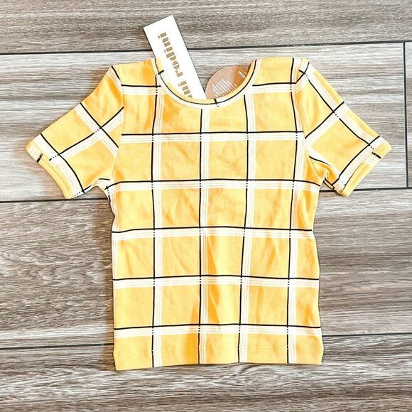 NWT! Mini Rodini Yellow Check Ballet Short Sleeve Shirt Size 9M-18M - Picture 1 of 3